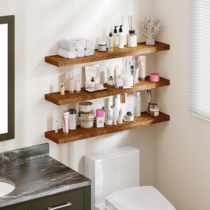 BAMEOS Floating Shelves,40 in W x 8in D Wall Mounted Wooden Shelves with Invisible Brackets Set of 3, Hanging Wall Shelves Decoration for Bedroom, Bathroom, Living Room and Kitchen