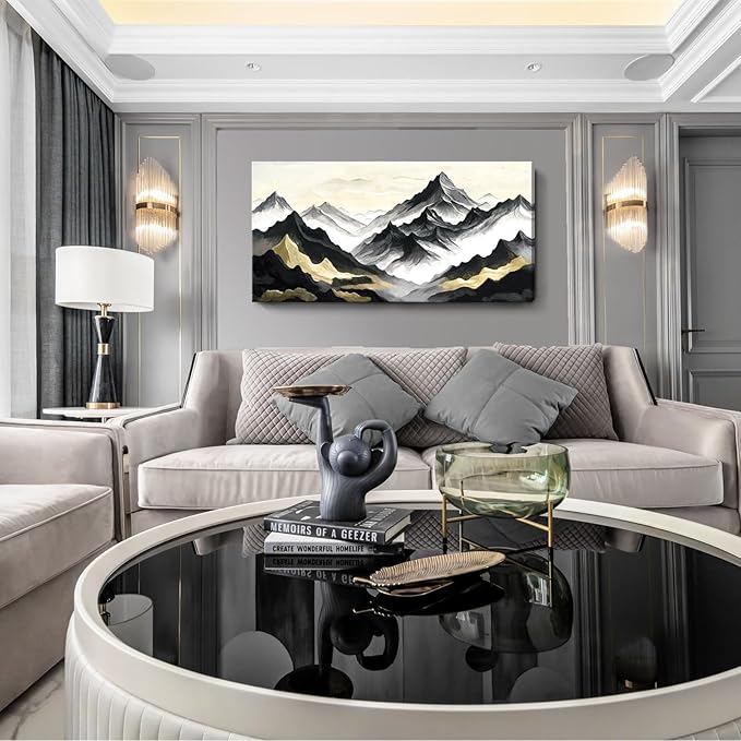 amatop Large Abstract Mountain Wall Art for Living Room Office Bedroom Modern Landscape Canvas Art Print Inspirational Artwork Horizontal Black Gold and White Nature Picture Wall Decor 48x24 Inch