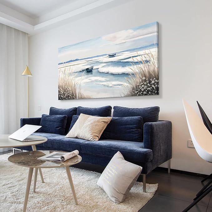 amatop Extra Large Wall Art for Living Room –Big Coastal Beach Minimalist Canvas Artwork with Sailboat Ocean Waves and Reeds Nautical Seascape Picture for Bedroom Decor Blue58x29 Inch