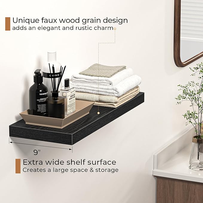 Floating Shelves - 2 Pack 9 Inch Rustic Wooden Wall Shelves - Extra Deeper & Thicker Wall Mounted Storage Shelf for Living Room, Kitchen, Farmhouse - 24" W x 9" D x 1.6" H - Rustic Black