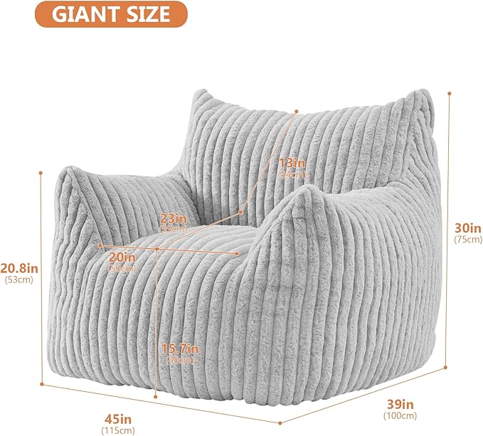 Giant Bean Bag Chairs for Adults with Filling Plush Fluffy Bean Bag Chairs for Teens with Armrests Comfy BeanBag Lazy Couch Sofa Chair for Bedroom Living Room Reading