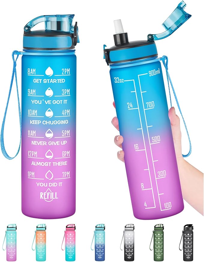 Enerbone Water Bottle, Leakproof BPA & Toxic Free, Motivational Water Bottle with Times to Drink and Straw, Fitness Sports Water Bottle with Strap for Office, Gym, Outdoor Sports