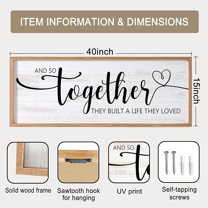 And So Together They Built A Life They Loved Decorative Rustic Sign & Plaque Framed Wall Art for Couples, 40''×15''Wooden Long Wall Decor Above Bed, Vintage Horizontal Farmhouse Wedding Gift