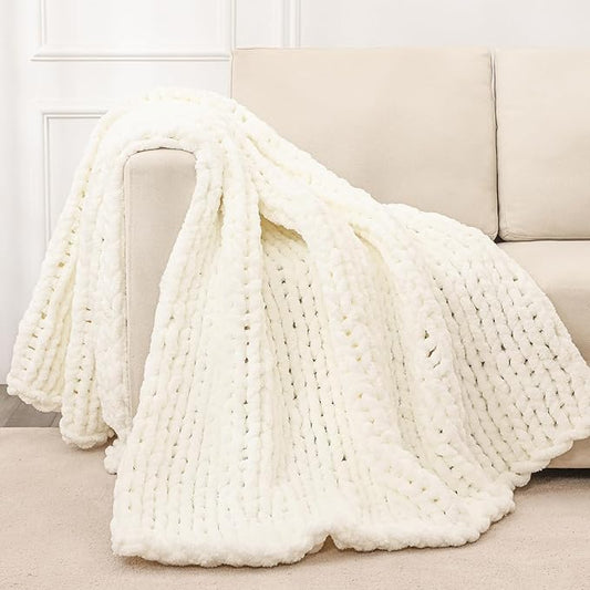 Bigacogo Chunky Knit Throw Blanket for Couch, 40x60 inches, 100% Hand Knitted with Thick Jumbo Chenille Yarn, Cozy Soft Large Rope Knot Cable Crochet Blankets for Sofa Bed Living Room, Ivory