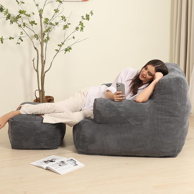 Comfy Gaint Bean Bag Chair with Ottoman, Huge Bean Bag Armchair for Adults and Teens, Dark Grey