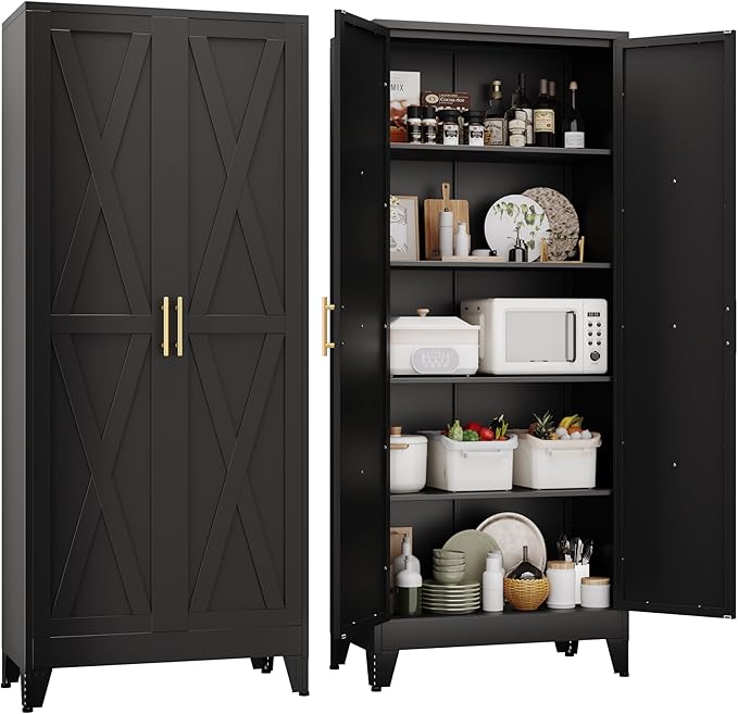 71" H Metal Kitchen Pantry Storage Cabinet, Freestanding Cupboard with 2 Doors and 4 Adjustable Shelves, Standing Storage for Kitchen, Bathroom, Garage, Dinning Room or Utility Room（Black）