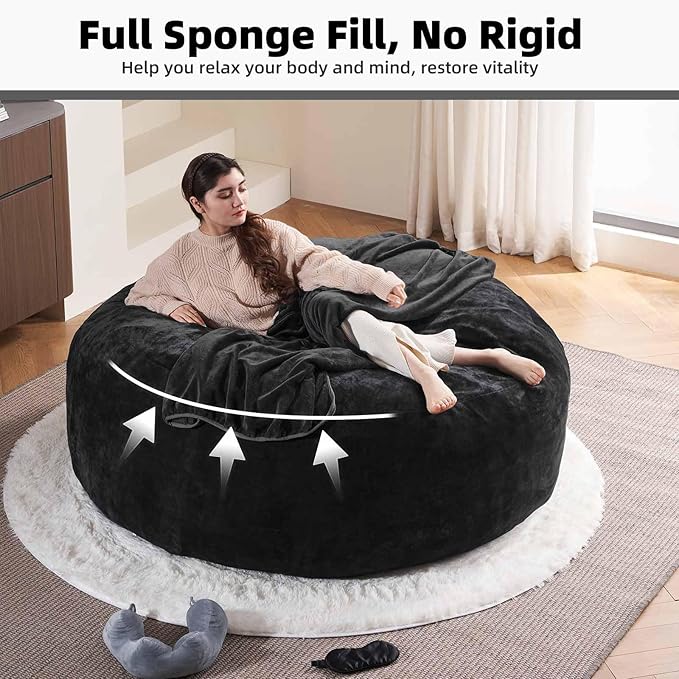 6FT,Oversized Bean Bag Chairs for Adults,Giant beanbag with Filler Included，Fluffy Memory Foam,Soft and Comfy Corduroy Fabric,Gaming Chairs Suitable for Living Room and Bedroom (Black, 6 Foot)