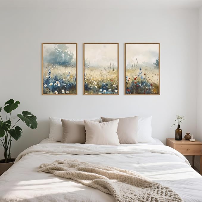 Celestdeco Nature Wildflower Framed Canvas Wall Art Set, Pastoral Landscape Wall Decor, Colorful Meadow Wall Painting, Rustic Floral Art Print for Living Room, Bedroom, Office - 24"X36"X3
