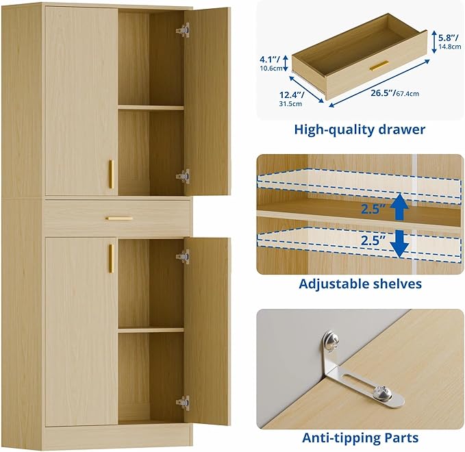 Cozy Castle Pantry Cabinet, 71" Tall Kitchen Storage Cabinet with Doors and Shelves, Freestanding Wood Cupboard Utility Hutch with Drawer for Dining Room Living Room Bathroom Furniture, Oak