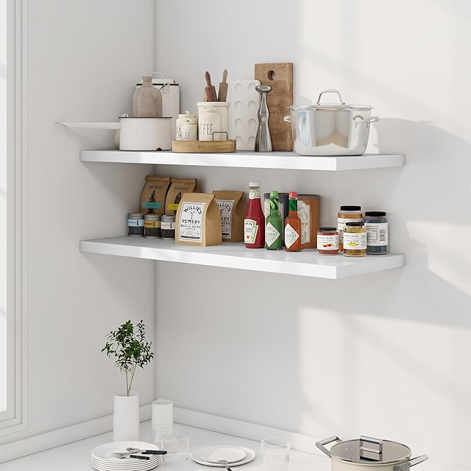 40" Floating Shelves for Wall, 12" Deep Slim White Floating Shelves, Wall-Mounted Shelves for Bedroom, Living Room, Kitchen, Bathroom - Set of 2