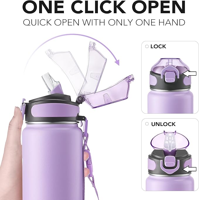 Enerbone 32 oz Insulated Water Bottle, Stainless Steel Bottle with Carrying Strap, Double-Wall Vacuum Insulation Design, Leakproof Sports Bottle with Straw, Keep Drinks Cold or Hot for Hours
