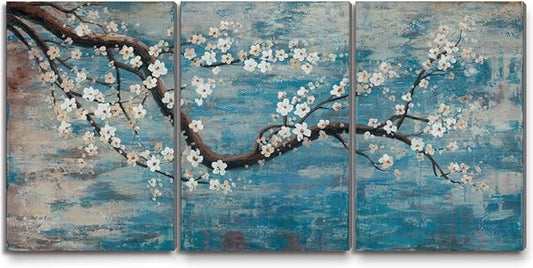 amatop Wall Art for Living Room 100% Hand-Painted Flower Oil Painting On Canvas Gallery Wrapped Large Framed Floral Plum Blossom Tree Teal Blue Artwork for Home Bedroom Decor 48"x24"