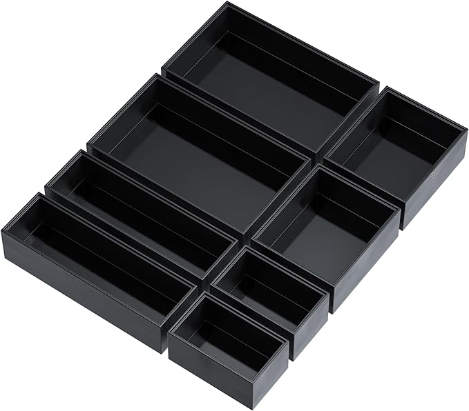 Bathroom Drawer Organizer Trays, Bamboo Drawer Organizer Kitchen Utensils Silverware Organizer, 8 PCS Wood Box Stackable Bins for Makeup, Office Desk, Junk Drawer (Black)
