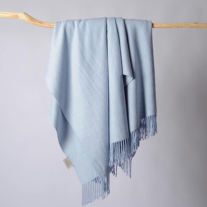 CUDDLE DREAMS Silk Throw Blanket with Hand-Knotted Fringe, Natural, Soft & Breathable (Ice Blue)