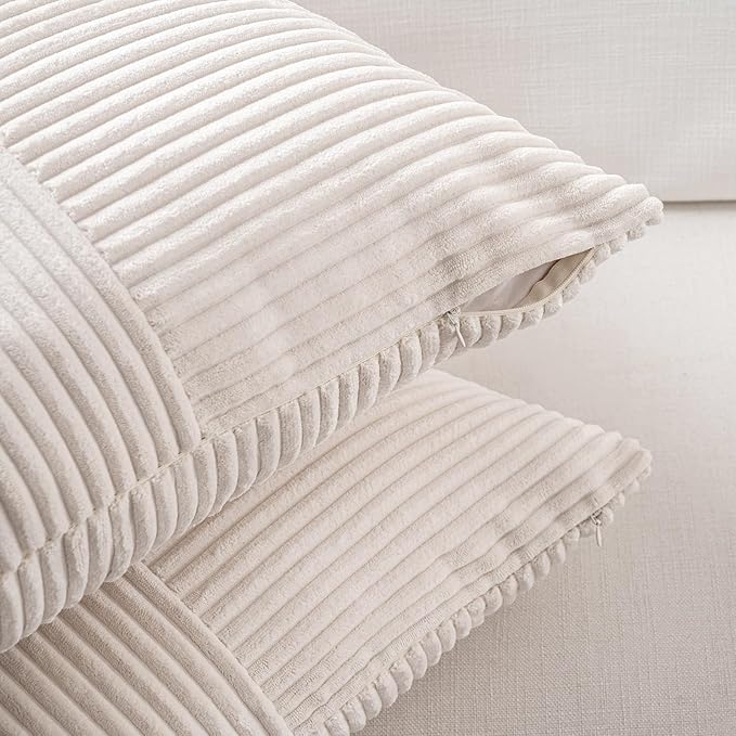 Fancy Homi Set of 2 Cream Boho Long Lumbar Body Decorative Throw Pillow Cover 14x36 Inch for Bed Couch Bedroom Bench, Soft Patchwork Corduroy Textured Pillow Case, Rustic Farmhouse Room Décor