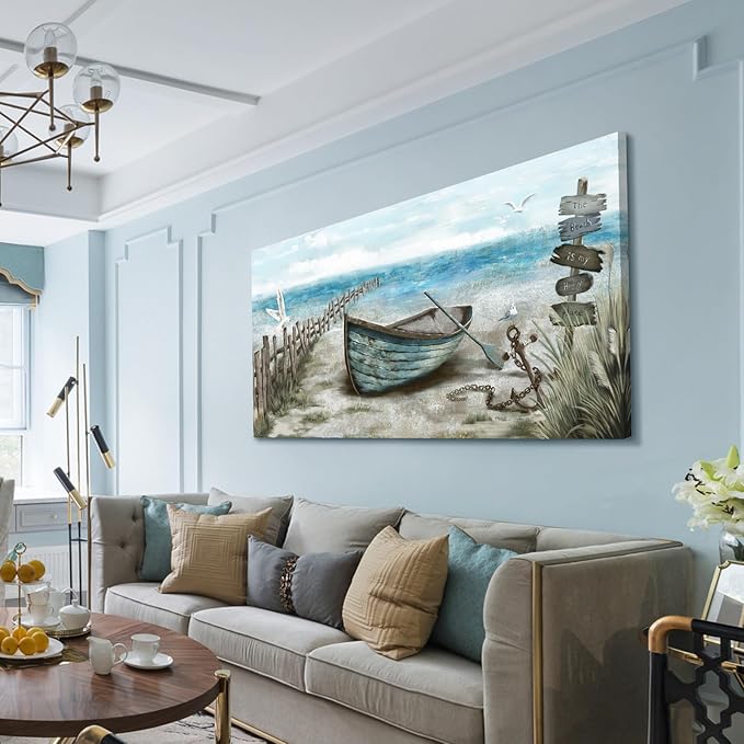 amatop Extra Large Wall Art for Living Room Rustic Coastal Décor Canvas Print Seagull Vintage Ship Sea Bird Artwork Blue Nature Big Beach Landscape Painting Seaside Ocean Picture for Bedroom Décor