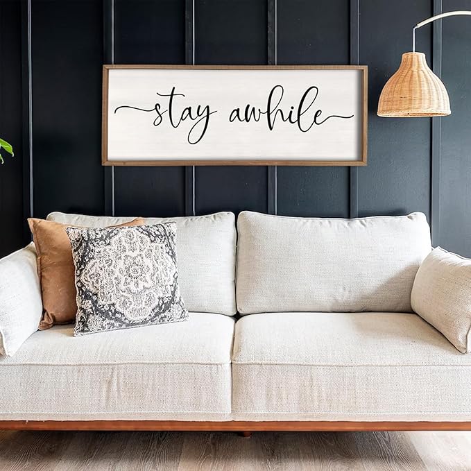 Stay Awhile Sign Wall Decor 40"X15" Large Solid Wood Frame For Hallway Living Room Entryway Farmhouse Wall Art Lets Stay Family Home Rustic Hanging Decoration (Wood)