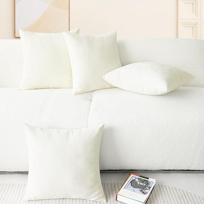 CaliTime Throw Pillow Covers Decorative 18 X 18 Inches Pack of 4 Cozy Chenille Cushion Cases for Couch Sofa Bed Living Room Home Cream