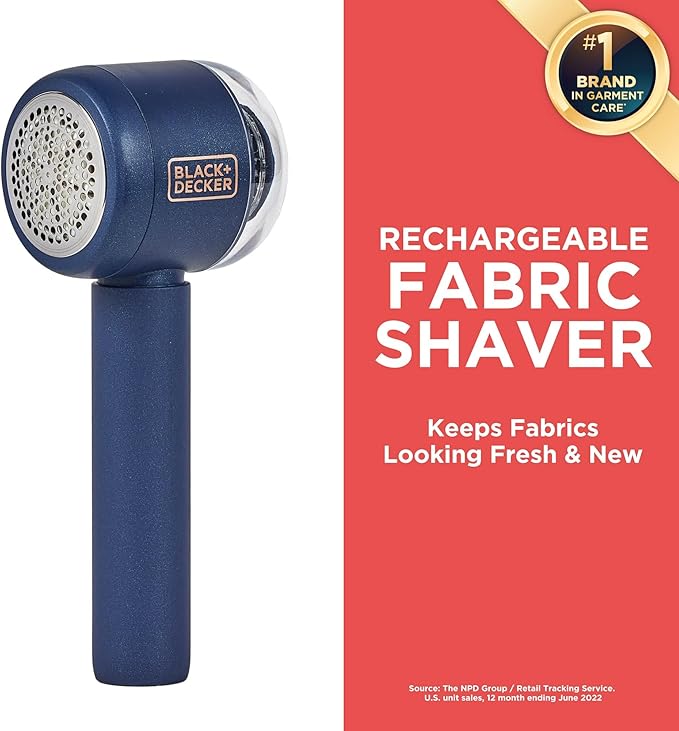 BLACK+DECKER Rechargeable USB-C Fabric & Garment Shaver – Large Capacity Lint Remover for Clothing and Upholstery, 6 Stainless Steel Blades