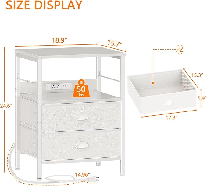 Furologee Night Stand with Charging Station, Bedside Table with Fabric Drawers, End Table with USB Ports & Outlets, White Nightstand with Storage Shelf & Hooks, for Living Room/Bedroom, White