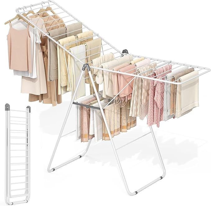 APEXCHASER Clothes Drying Rack, Foldable Drying Rack Clothing, Sturdy Metal Laundry Drying Rack, Height-Adjustable Gullwing, Easy to Fold, Space-Saving, for Indoor Outdoor, White