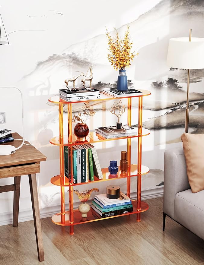 Clear Bookshelf, Acrylic Bookcase with Open Book Shelf for Office Living Room Bedroom (4 Tier Orange)