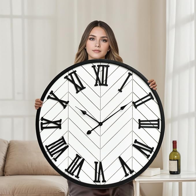 30 Inch Large Wall Clock Farmhouse Style - White Silent Non-Ticking Rustic Decor for Living Room, Kitchen, Bedroom