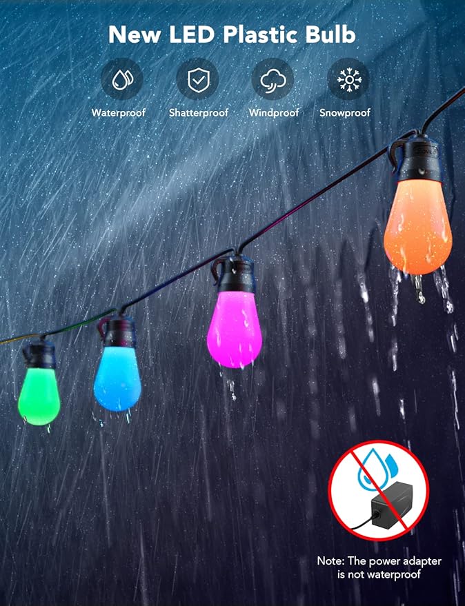 Govee Smart Outdoor String Lights H7015, 48ft RGBIC Outdoor Lights with 15 Dimmable LED Bulbs, IP65 Waterproof, Color Changing Warm White Lights with 47 Scene Modes for Patio, Backyard, App Control