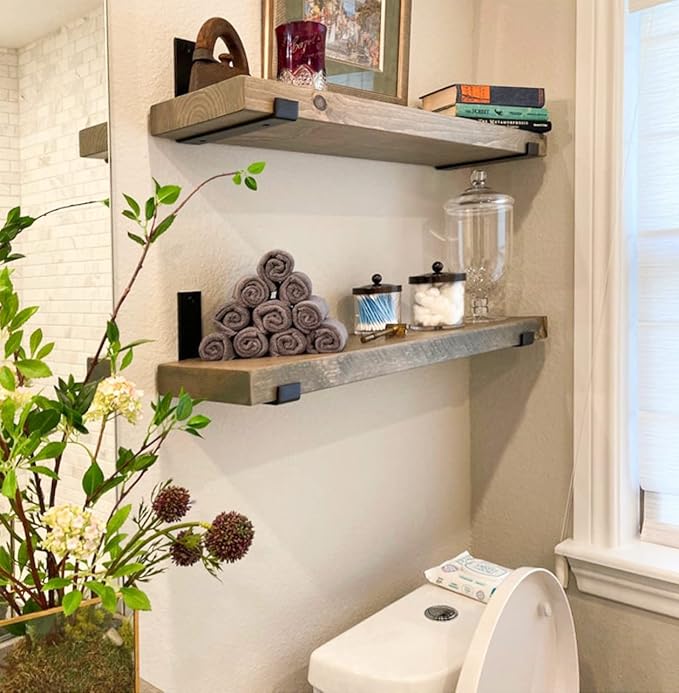 Rustic Shelves with J-Brackets Set of 2, Industrial Shelf, Kitchen Shelves, Solid Wood, Decorative Wall Storage, Heavy Duty, URBANDI (Grey, 12Wx12D)