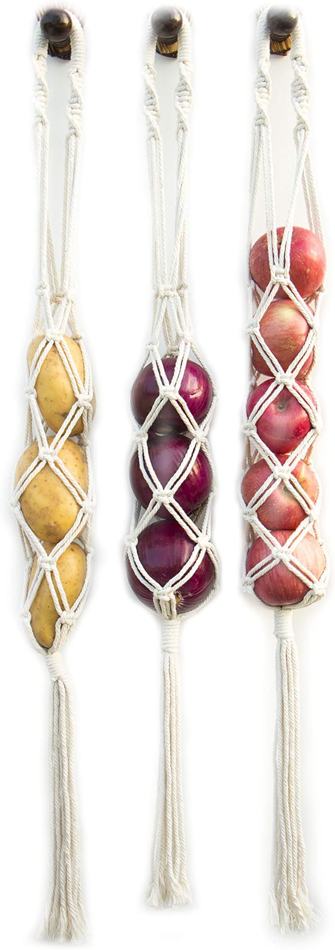 Decocove Hanging Fruit Basket - Boho Basket for Potato, Onion and Fruit Storage - Boho Wall Hanging Decor for Kitchen - Macrame Wall Hanging Basket - Set of 3