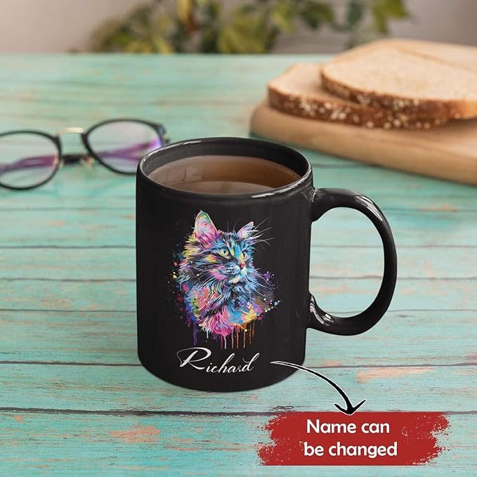 Customized Cat Ceramic Mug, Gift For Cat Pet Owner, Personalized Cat Lover Coffee Cup, Colorful Cat Design Mug For Birthday, Custom Name Cat Animal Black Cup, Unique Cat Mug 11oz 15oz