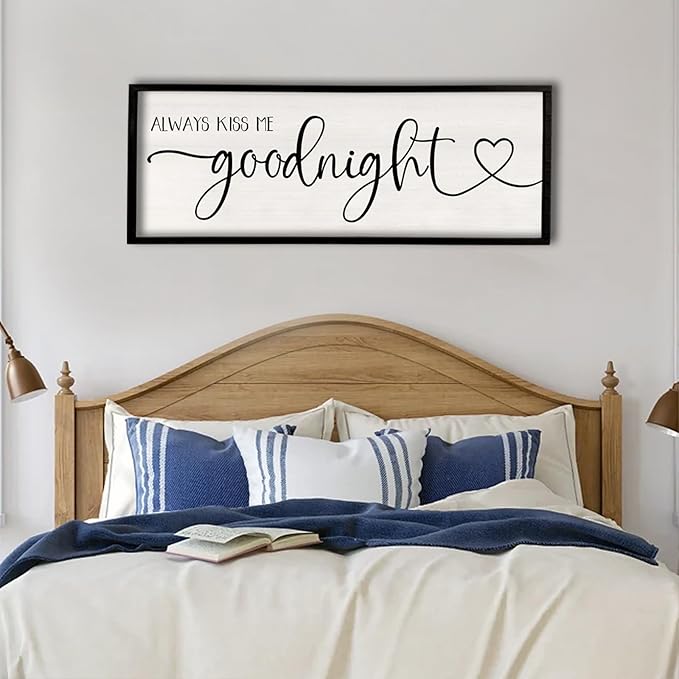 flowtorely Always Kiss Me Goodnight Wall Sign For Master Bedroom Above Bed Wall Decor 40''×15'' Large Rustic Solid Wood Frame For Farmhouse Couples Above bed Wall Art Decoration (Black)