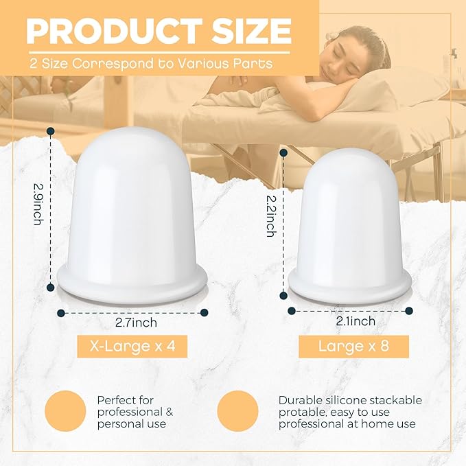 TrelaCo 12 Pcs 2 Size Cupping Therapy Set Silicone Anti Cellulite Cupping Kit for Massage Therapy Cupping Therapy Set Vacuum Suction Cup for Arthritis Relief, Pain Reduction Adults Home Use (White)
