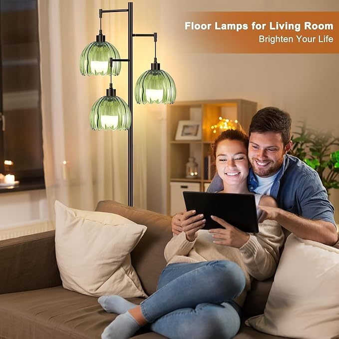 Glass Gold Floor Lamp for Living Room,Bedroom,Mid Century Modern Standing Lamp Brass Tree 3 Light Tall Floor Lamps Vintage Retro Floor Lights Green Flower Lamp Shade Farmhouse Boho Bohemian