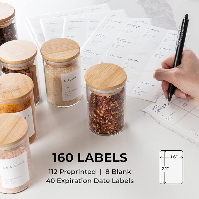 Empty Spice Jars with Label Pack (12x Bamboo Lid Glass Jar). Small 6oz Spice Storage Bottles with 112 Printed Stickers and 48 Writable Pantry Labels for Seasoning Containers