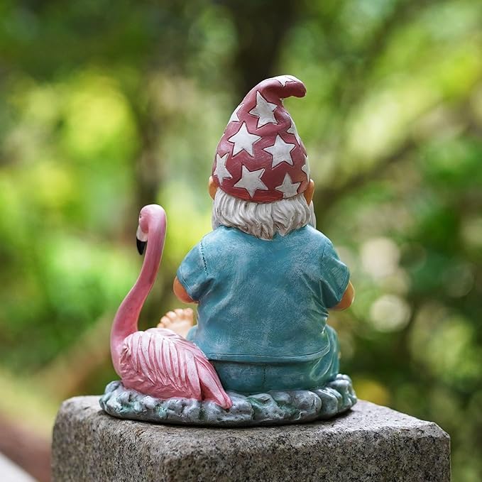 Gnome Statue Garden Decor, Resin Gnome and Flamingo Figurines Outdoor Decorations for Yard Art Porch Lawn Ornaments, Unique Housewarming Gifts