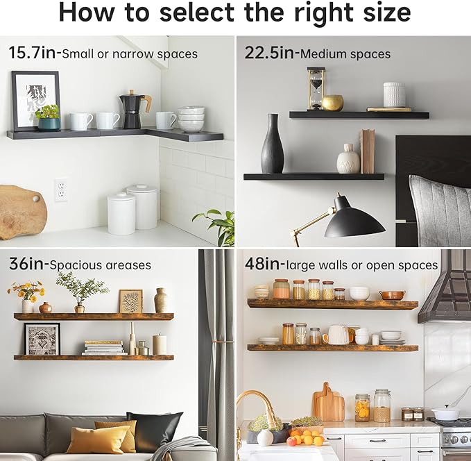 BAYKA Floating Shelves for Wall, 36 inches Long Wall Mounted Rustic Wood Shelves for Bathroom, Bedroom, Living Room, for Books/Storage/Decor with 30lbs Capacity（Black,Set of 3