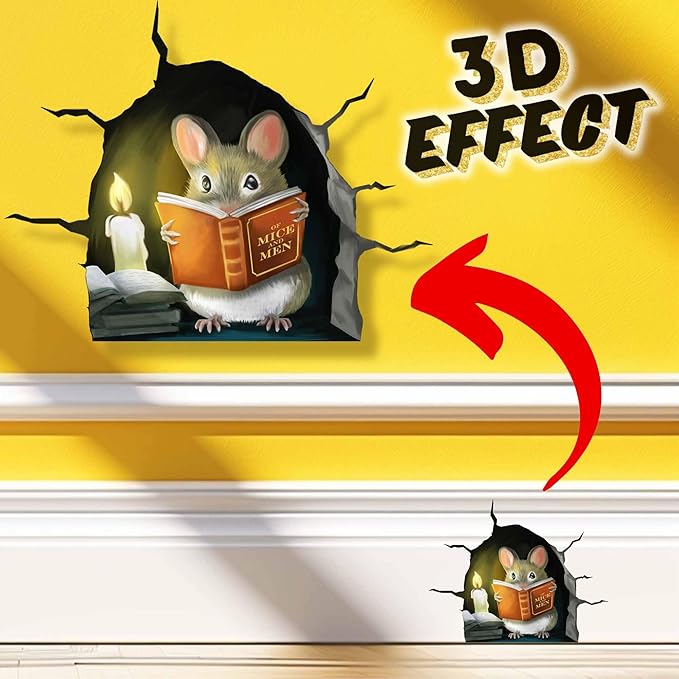 3D Mouse Reading Book in Mouse Hole, Decal Sticker, Removable Wall Decor, Book Lover Gift Idea, Baseboard, Wall Sticker Decal, Kids Room, Classroom, Library