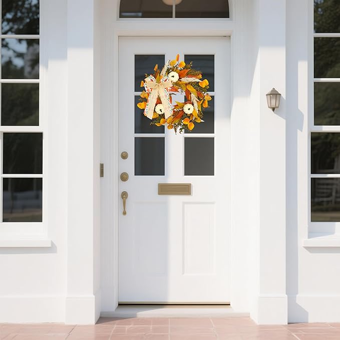 CYANBLOOM Fall Wreaths for Front Door: Rustic 20-22 Inch Bow Wreath with Golden Eucalyptus, White Pumpkins & Wheat - Lovely Warm Vibes Outdoor Indoor Farmhouse Decor for Halloween Thanksgiving Autumn