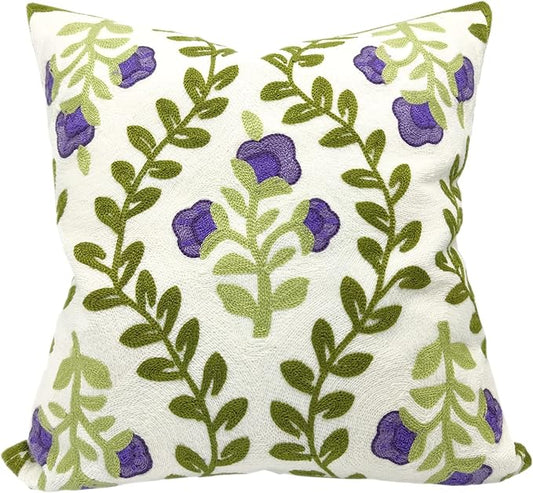Alysheer Floral Embroidered Spring Decorative Throw Pillow Cover 18"x 18", Farmhouse Cottage Purple Flowers Green Leaves Knit Pattern Cotton Canvas Cushion Case for Sofa Couch Bed Living Room Decor