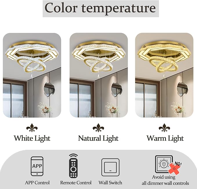 Flashing God Large Crystal Chandelier Dia 48" Gold Chandelier Flush Mount Ceiling Light for Bedroom Living Room Dining Room Hallway Dimmable 3 Rings LED Celing Lighting Fixtures