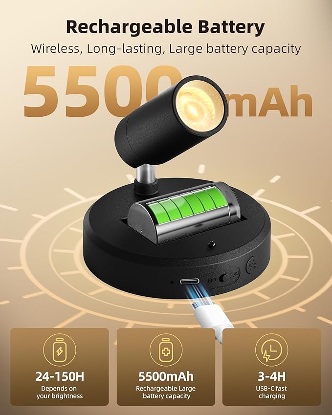 EZVALO Spotlights Indoor with Remote,5500mAh Rechargeable Picture Lights, Wireless LED Uplighting with Timer＆Dimmable, 3CCT,Mini Plant Spot Lights for Painting,Artwork,Accent Lighting(4Pack-Black)