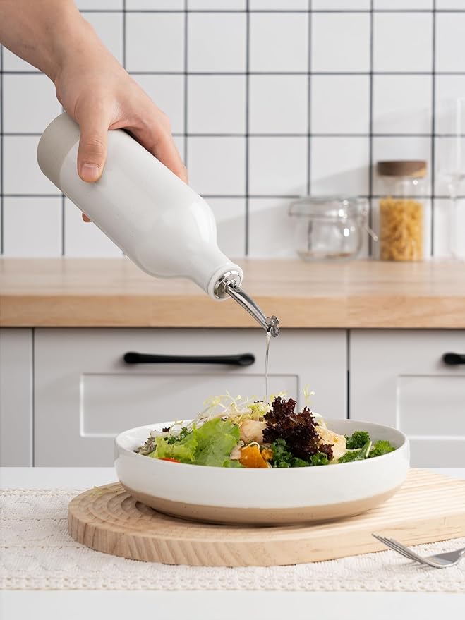 famiware Milkyway 16oz Ceramic Olive Oil Dispenser Bottle, 1 Piece Oil Dispenser for Kitchen with Stainless Steel Pourers, Suitable for Storage Vinegar, Soy Sauce, Coffee Syrup, Liquids, White