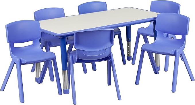 Flash Furniture Emmy Adjustable Classroom Activity Table with 6 Stackable Chairs, Plastic Activity Table for Kids, 23.625" W x 47.25" L, Blue/Gray