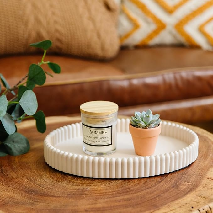 11.8in Decorative Tray for Coffee Table Decor- Modern Oval Concrete Tray for Home Decor- Minimalist Handcrafted Centerpieces Tray for Living Room, Kitchen Dining Table, Entryway (Beige)