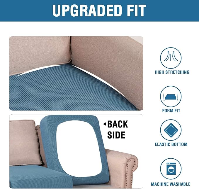 H.VERSAILTEX Super Stretch Individual Seat Cushion Covers - Sofa & Couch Cushion Slipcover Sets - Thick Jacquard Textured Twill Fabric (2 Piece Large, Dusty Blue)