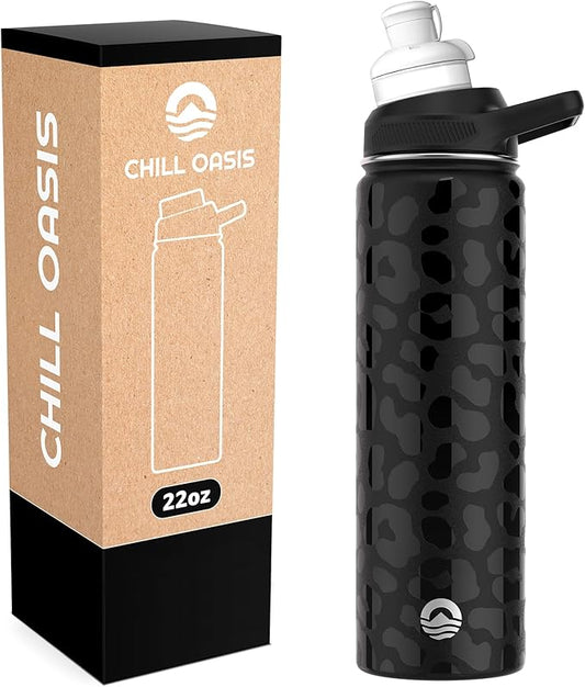 Chill Oasis Water Bottle | Compatible With Popular Flavor Cartridges | BPA Free, Leak Proof, Double-Walled Vacuum Insulated Stainless Steel, and Dishwasher Safe | Cold for 24 Hours (Leopard, 22oz)
