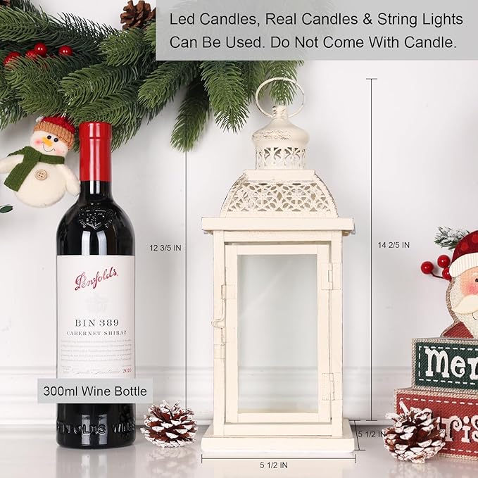 DECORKEY Lantern Decorative Indoor&Outdoor, 2 Pack 14.4'' Large Metal Candle Lanterns, Vintage Hanging Candle Holders for Farmhouse Wedding Front Porch Patio, Halloween Christmas Decorations for Home