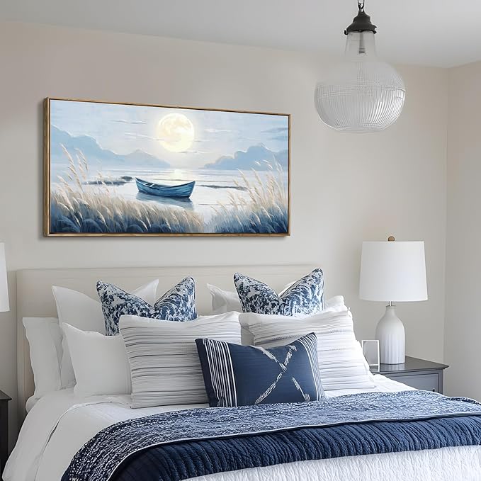 amatop Large Framed Wall Art Bedroom Living Room Decor Blue Boat Moonlight Coastal Seascape Picture Landscape Decorative Canvas Print Tranquil Night Ocean Lake Scene Artwork Nautical Wall Decor 48x24