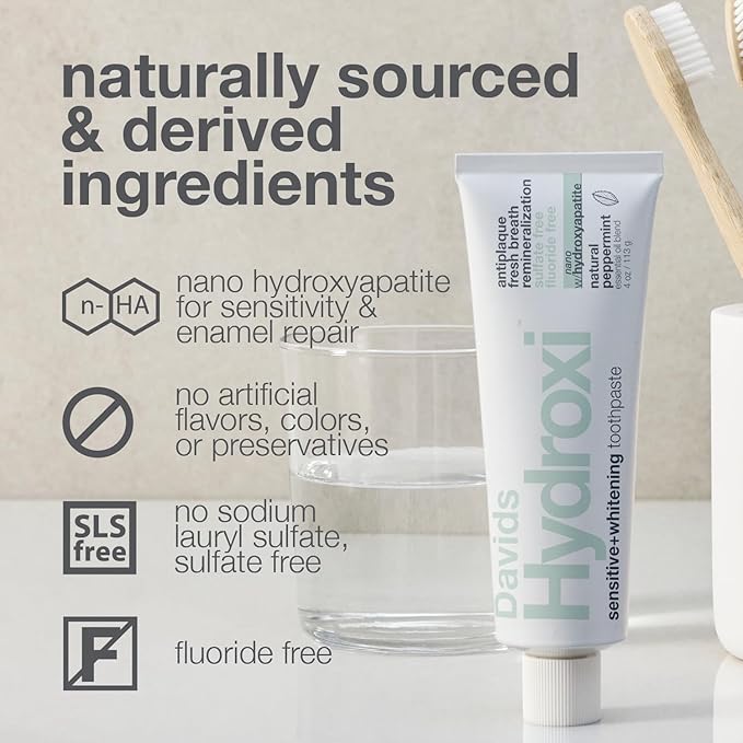 Davids Hydroxi™ Fluoride Free Nano Hydroxyapatite Toothpaste for Remineralizing Enamel & Sensitive Relief, Whitening, Antiplaque, SLS Free, Natural Peppermint, 4oz, Made in USA (3 Pack)